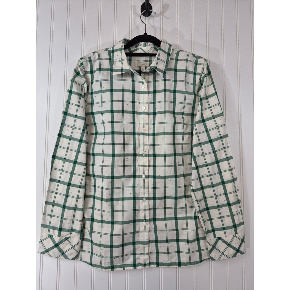 Talbots Petite Green White Plaid Button Down Shirt Cotton Long Sleeve Size M
